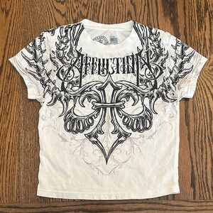 Affliction Graphic Print Tee Shirt Boys sz xs Black White Kids Y2K